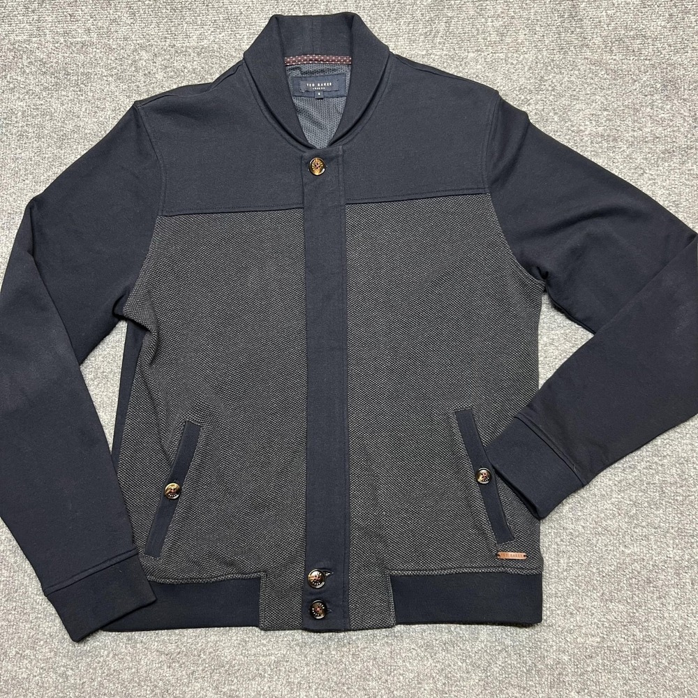 Ted Baker Sweater Mens XL Blue Knit Cotton Cardigan Collared Button Pockets